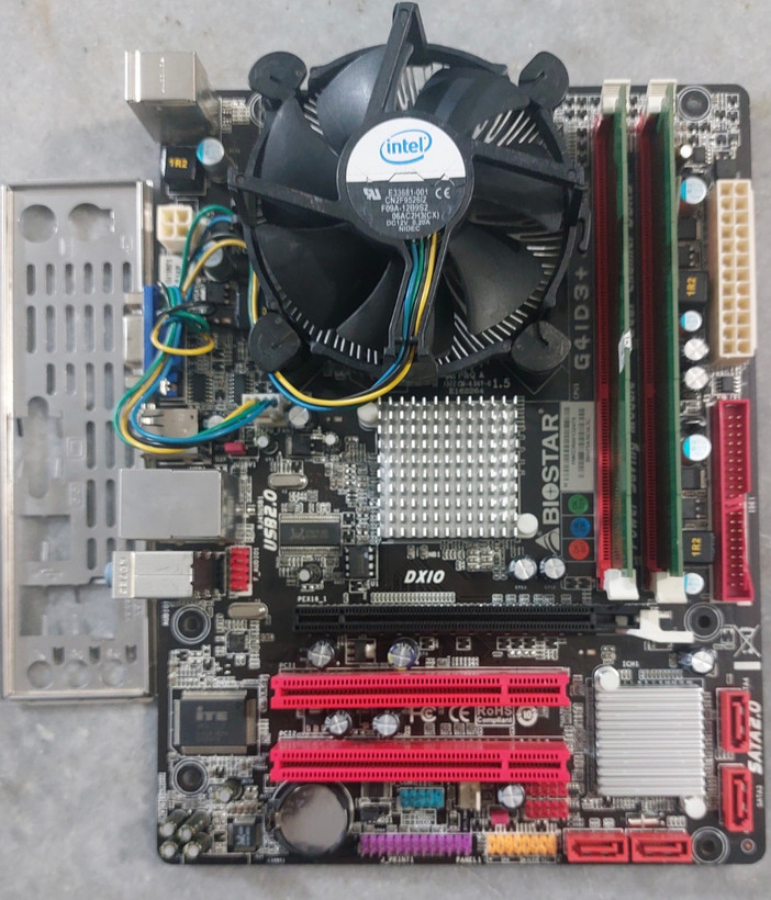 مادربرد ddr3 بایوستار مدل G41D3+ استوک کاملا سالم همراه فن و Cpu E8200 و ۴ گیگ رم ddr3