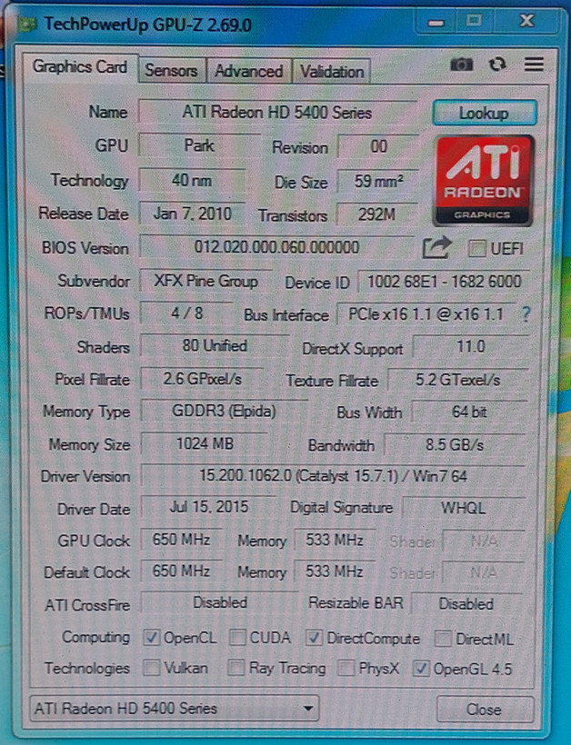 کارت گرافیک ۱ گیگ ddr3 سری ۵۴۵۰ برند xfx