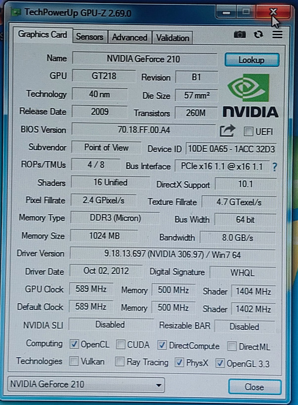 کارت گرافیک ۱ گیگ g210 ddr3 برند point of view