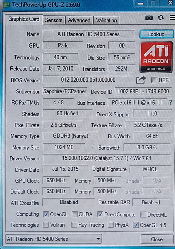 کارت گرافیک ۱ گیگ ddr3 سری ۵۴۵۰ برند ساپفایر