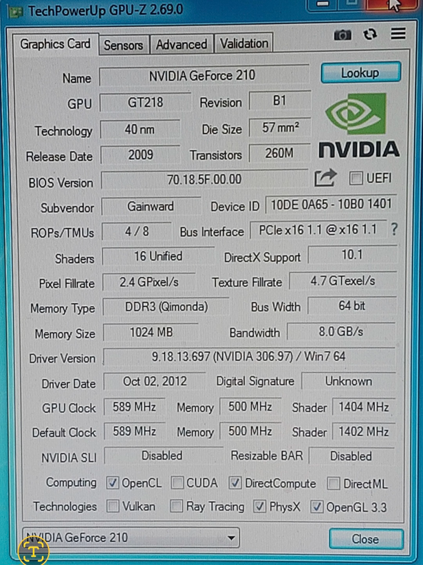 کارت گرافیک ۱ گیگ ddr3 مدل G210 Gainward