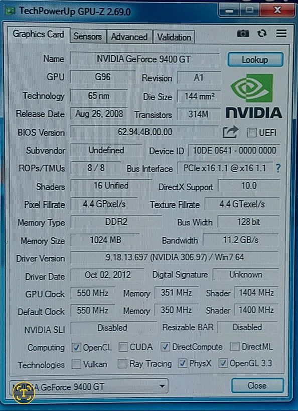 کارت گرافیک ۱ گیگ ddr2 مدل 9400GT 128bit