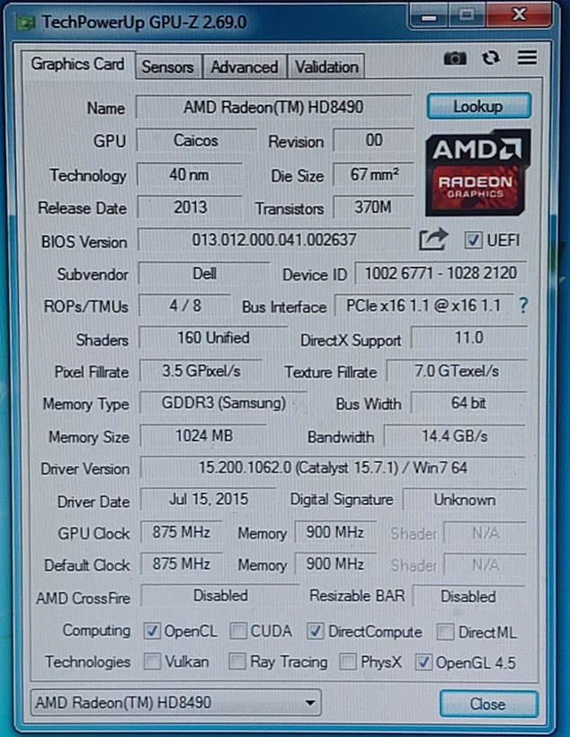 کارت گرافیک مینی کیس ۱ گیگ ddr3 مدل ۸۴۹۰ ATI برند dell همراه تبدیل DVI به VGA استوک