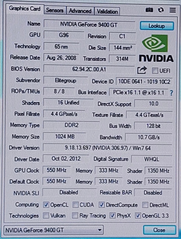 کارت گرافیک ۱ گیگ ddr2 مدل 9400 جی تی ۱۲۸ بیتی