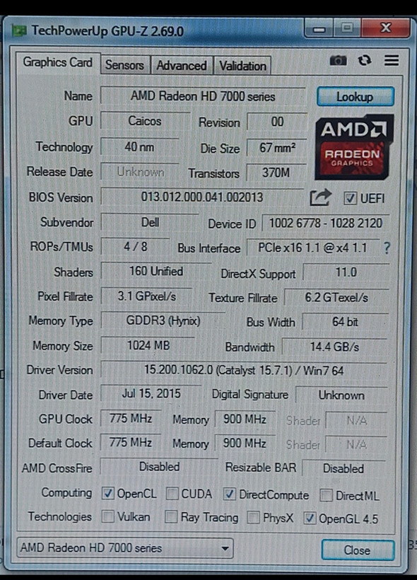 کارت گرافیک مینی کیس ۱ گیگ ddr3 سری ۷۰۰۰ برند ATI استوک به همراه تبدیل DVI به VGA