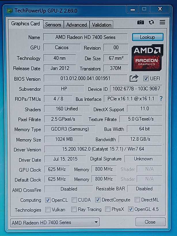کارت گرافیک مینی کیس ۱ گیگ ddr3 سری 7400 برند ATI استوک به همراه تبدیل DVI به VGA