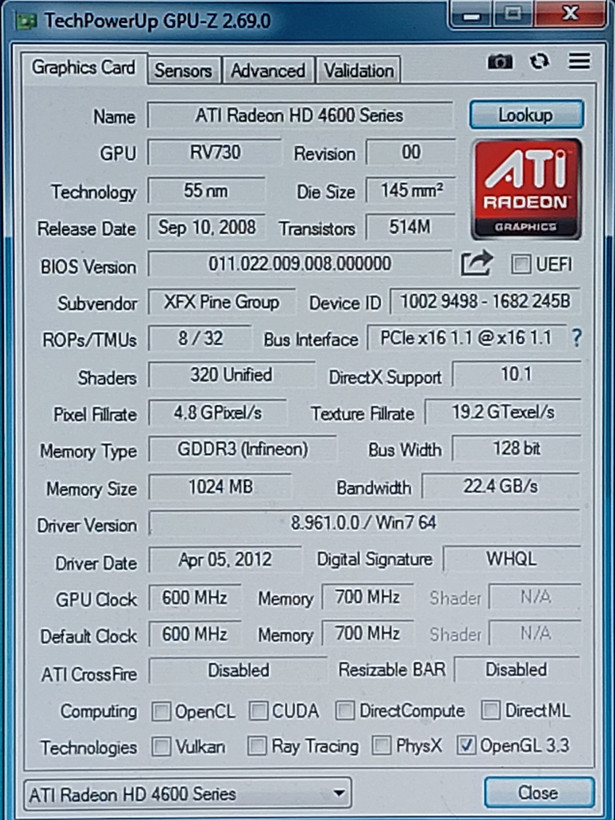کارت گرافیک ۱ گیگ ddr3 مدل 4650 برند xfx استوک کاملا سالم
