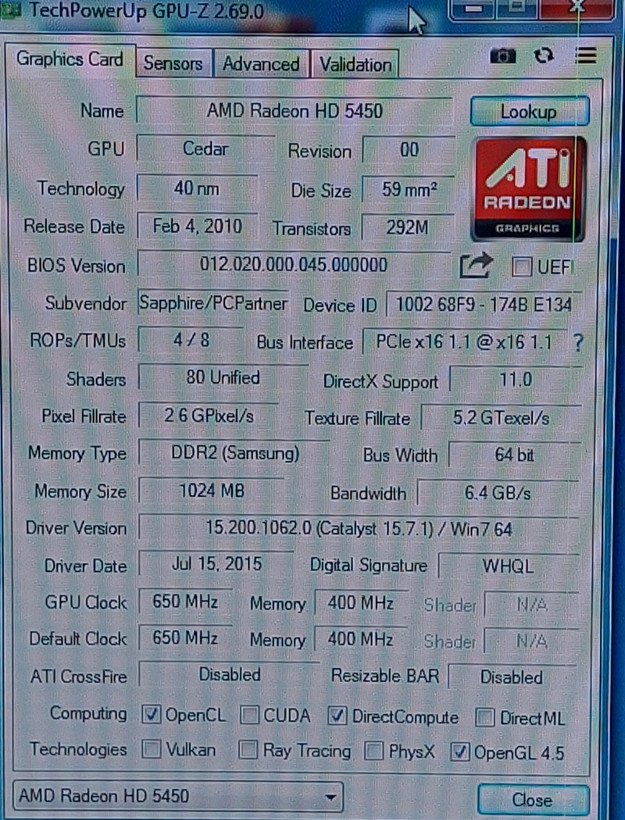 کارت گرافیک ۱ گیگ ddr2 مدل ۵۴۵۰ برند ساپفایر