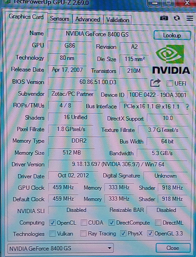 کارت گرافیک ۵۱۲ مگابايت zotac 8400gs ddr2