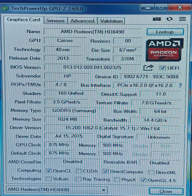 کارت گرافیک مینی کیس ۱ گیگ ddr3 مدل ۸۴۹۰ ATI برند HP همراه تبدیل DVI به VGA استوک