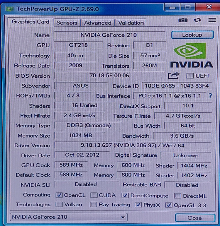 کارت گرافیک ایسوس ۱ گیگ مدل G210 SILENT رابط DDR3