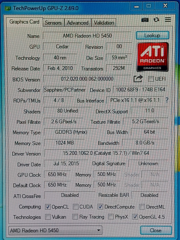 کارت گرافیک ۱ گیگ ddr3 سری ۵۴۵۰ برند ساپفایر