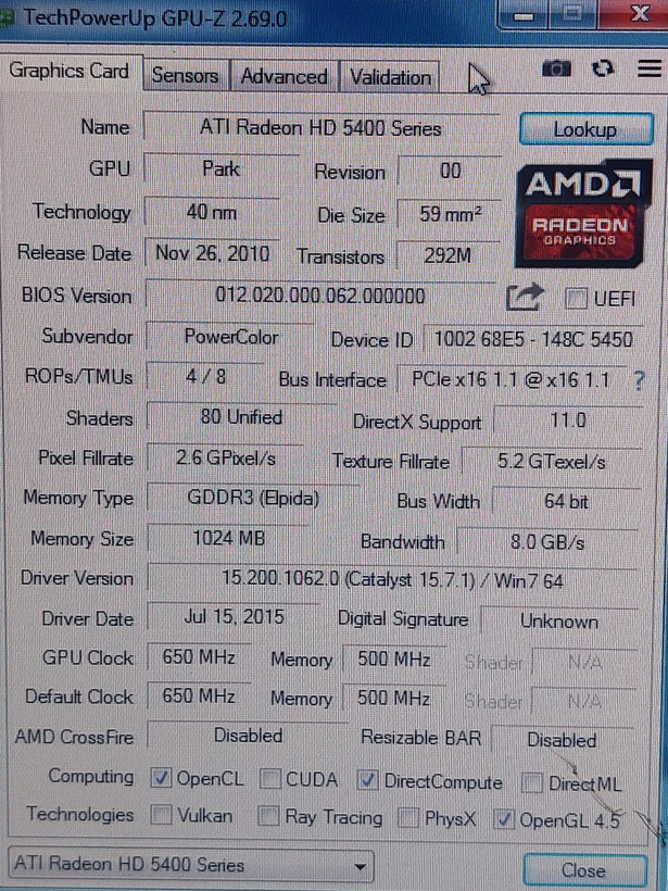 کارت گرافیک ۱ گیگ ddr3 سری ۵۴۵۰ برند پاورکالر
