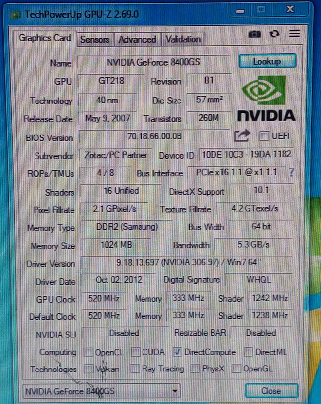 کارت گرافیک ۱ گیگ DDR2 مدل ZOTAC 8400GS